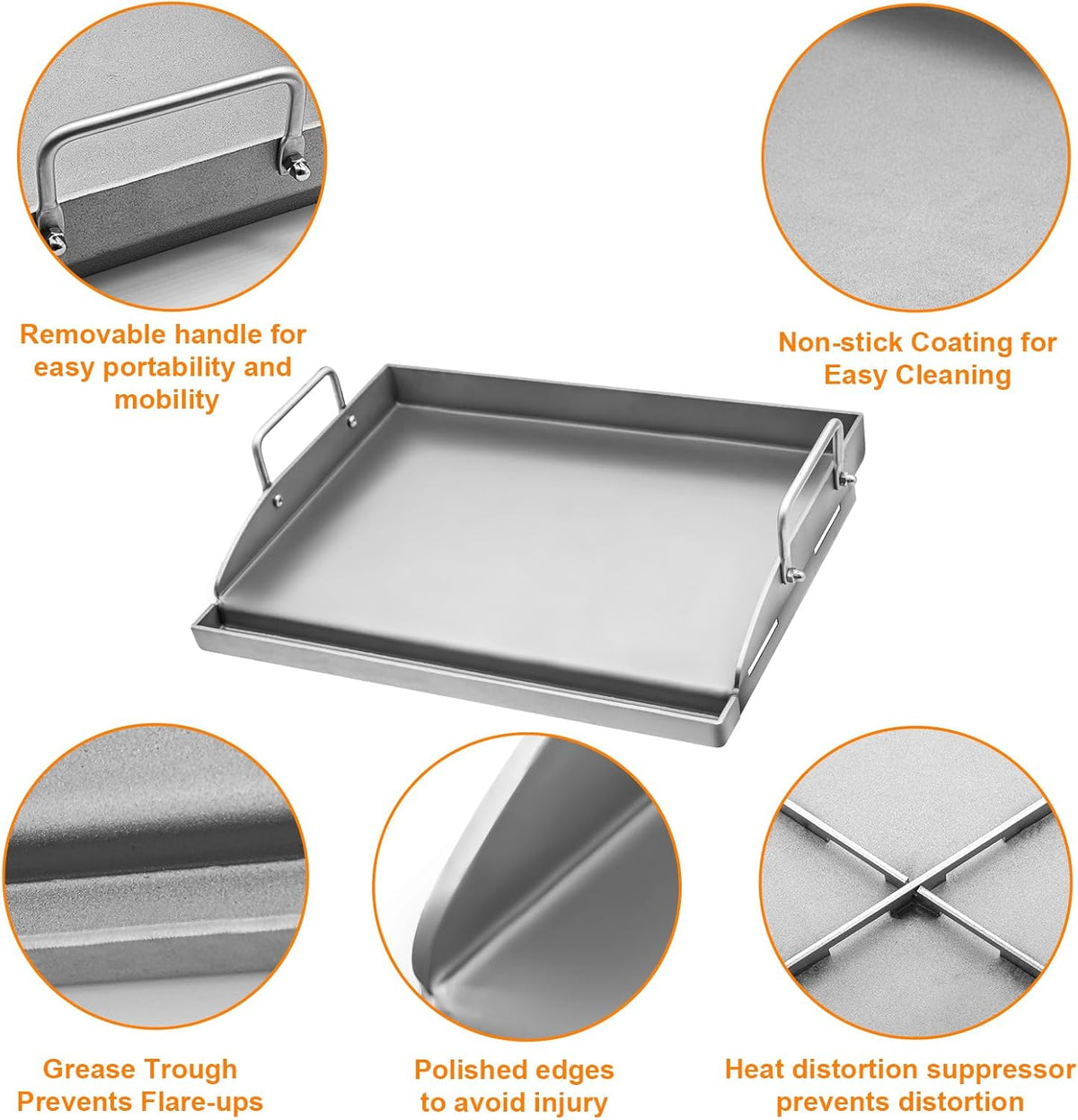 ABYDA Universal Stainless Steel Cooking Griddle, Heavy-Duty 4mm Strengthen thickness, Flat Top Plate Insert with Grease Groove and Removable Handles for Gas/Charcoal/Stove, 25" x 16"× 2.5“