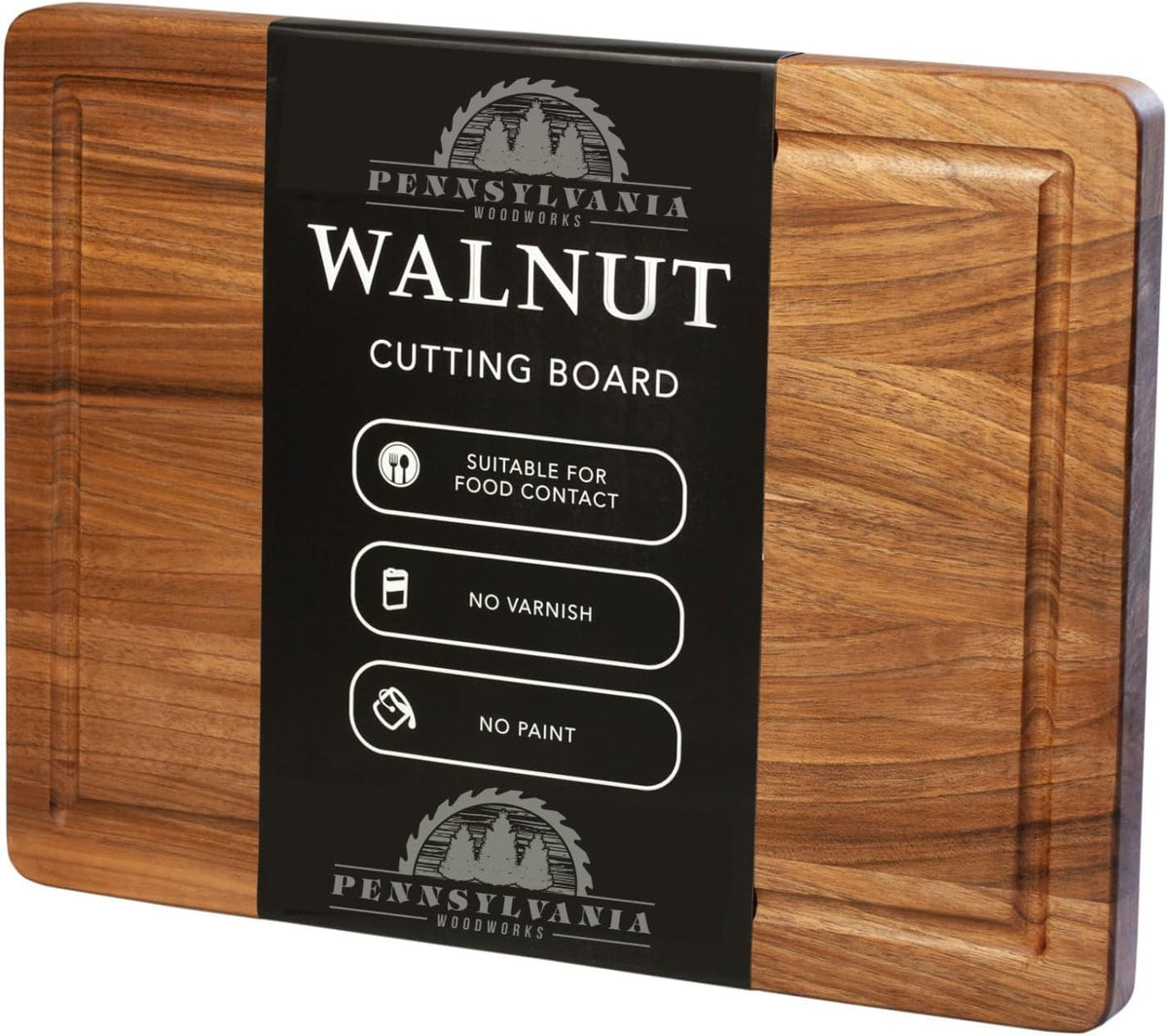 Pennsylvania Woodworks Walnut Wood Cutting Board with Juice Well, 17 x 14 inches, Made with premium US Walnut wood in the USA