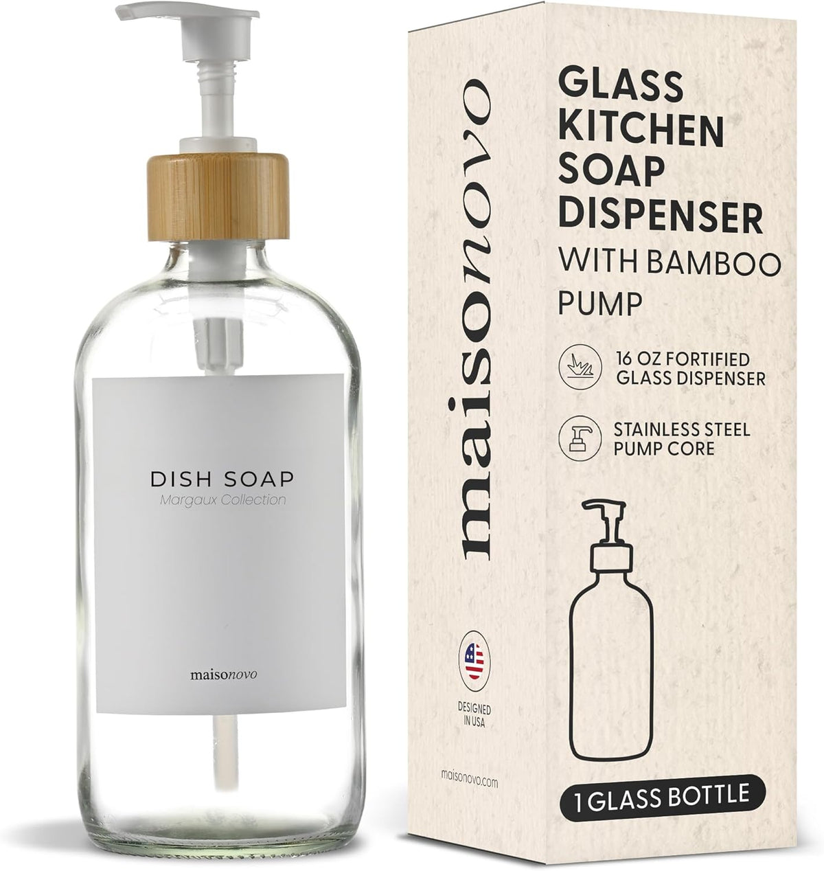 MaisoNovo Glass Hand Soap Dispenser | Dish Soap Dispenser for Kitchen | 16.9oz Clear Bottles with White Bamboo Pump | Bathroom Lotion Dispenser