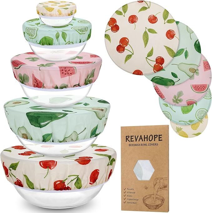 5-Size Reusable Beeswax Bowl Covers for Bread Proofing, Cotton Cloth Flexible Beeswax Wraps for Food Storage(Colored Fruit)