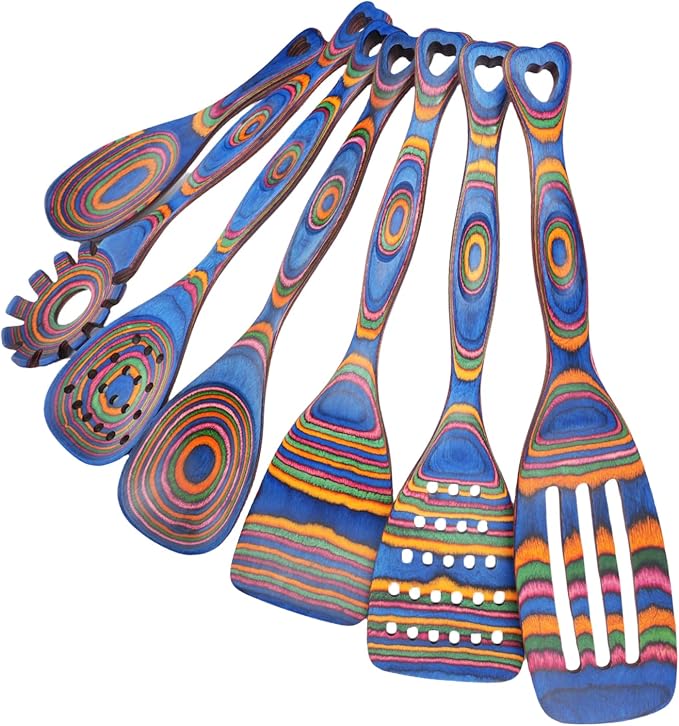 Gudamaye Pakkawood Wooden Cooking Utensils Set 7-Piece-Wooden Spoons for cooking, Wooden Utensil set with Ergonomic Non-Slip Handles, Heat-Resistant & Stylish Cooking Spoons, Non-Stick Spoon