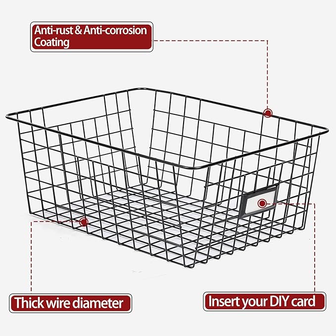 8 Set, Extra Large Wire Baskets for Organizing with Lables, Cabinet Pantry Organization and Storage Bins - Metal Basket for Kitchen, Laundry, Garage, Fridge, Bathroom Countertop Organizer, Black