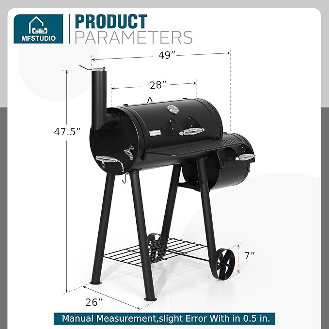 MFSTUDIO Heavy Duty Charcoal Wood Offset Outdoor Smoker Grill, Charcoal Grill with Smoker Combo for BBQ Grilling, 512 SQ.IN.