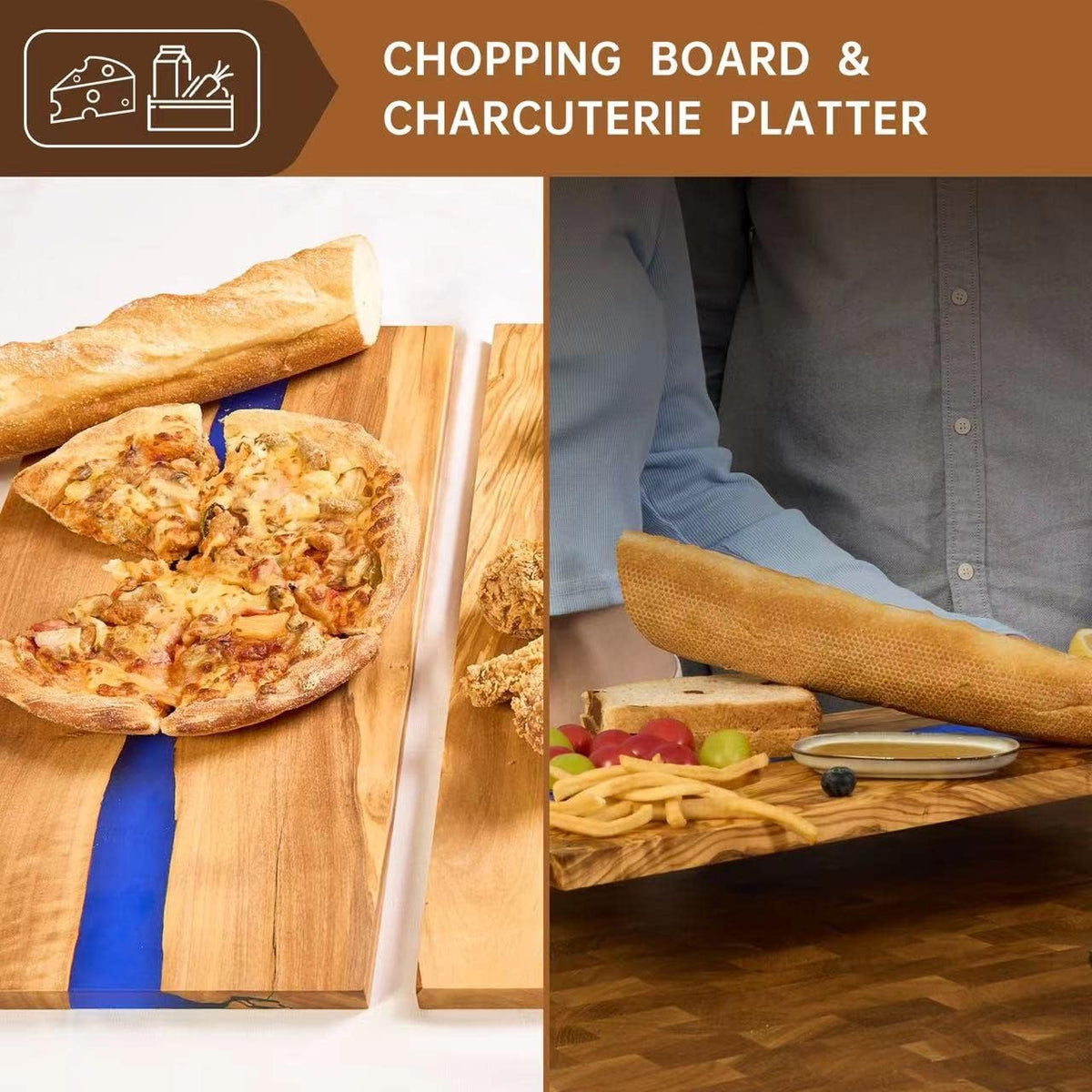 Italian Olive Wood luxury Cheese board with Resin, Charcuterie board, Chopping and Cutting Board for Meat Vegetable & Fruit, Wooden Epoxy Serving Board (Blue)