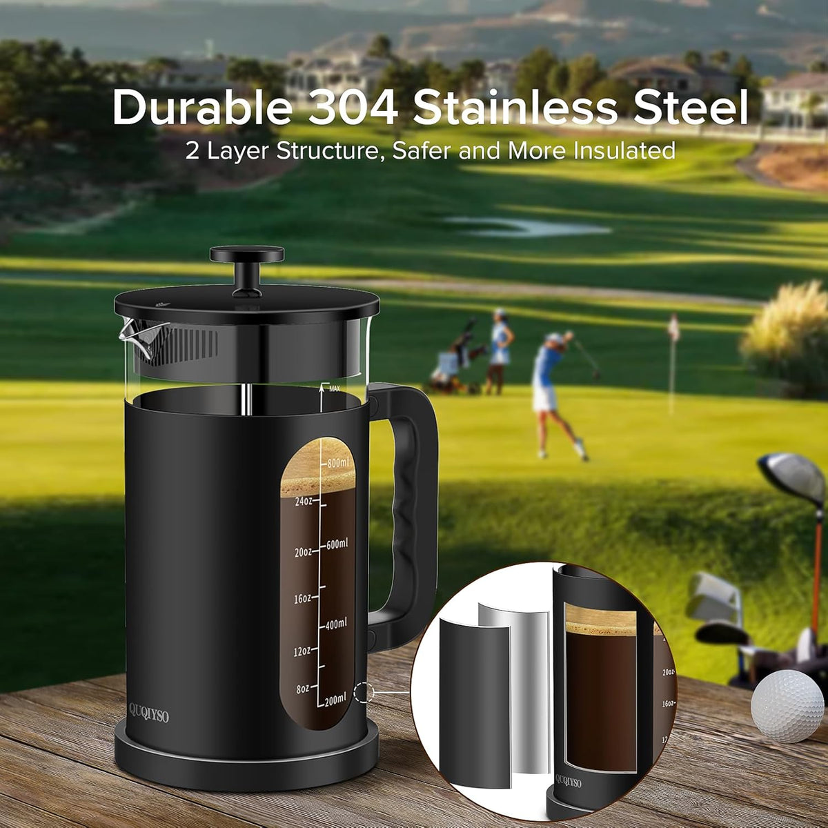 QUQIYSO French Press Coffee Maker, 304 Stainless Steel French Press with 4 Filter, Heat Resistant Borosilicate Glass, Easy to Clean, BPA Free Coffee Press Rust-Free Coffee Maker, 34 ounce, Black