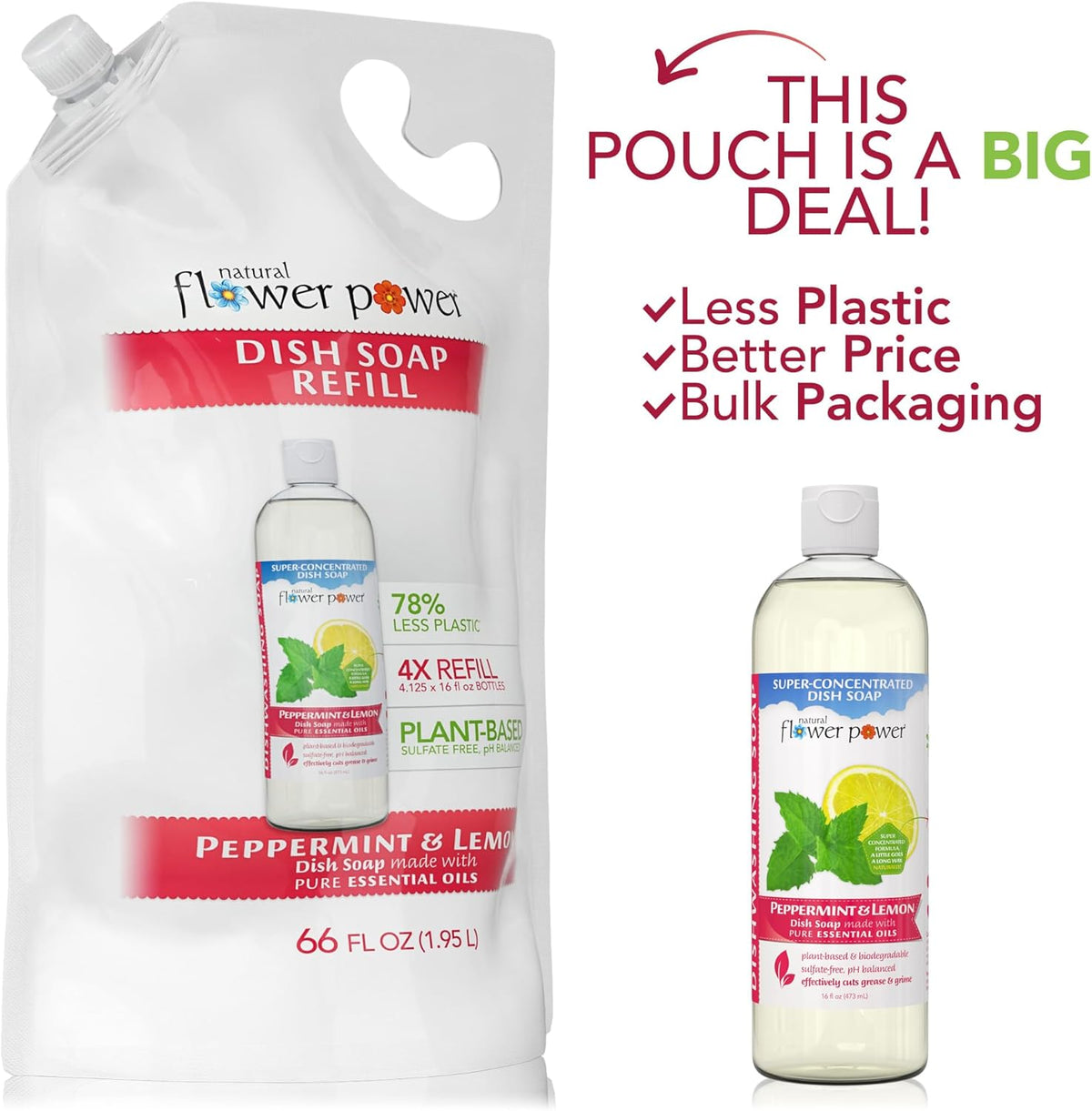 Liquid Dish Soap Refill – 66 Fl Oz Refills 4X – Plant-Based & Scented w/Pure Essential Oils – Natural Dishwashing Detergent – Sulfate-Free Kitchen Soap (Peppermint & Lemon)