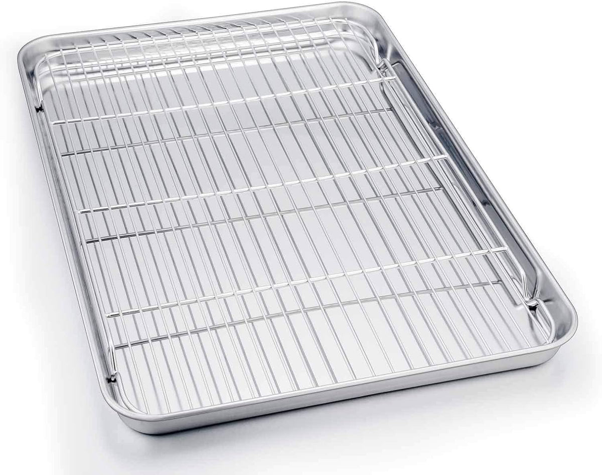 TeamFar Baking Sheet with Cooling Rack, Stainless Steel Half Size Cookie Sheet Pan and Baking Rack Set, 20’’×14’’×1’’, Non Toxic & Rust Free, Thick & Heavy Duty, Mirror Finish & Dishwasher Safe