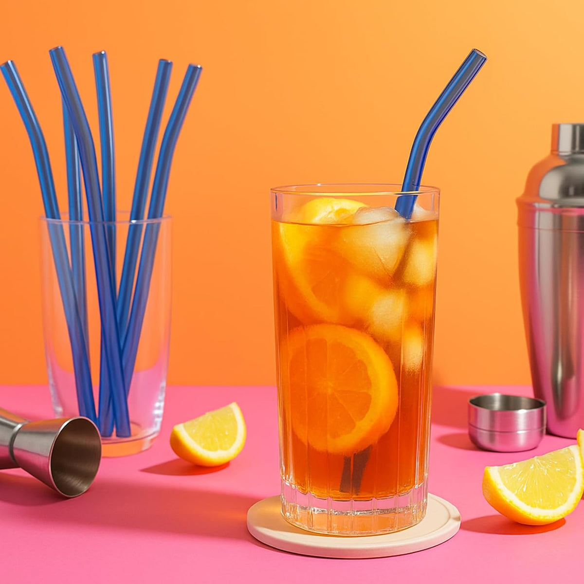 12 Pcs Reusable Glass Straws 8"x 8 mm Bent Glass Drinking Straws with Cleaning Brush for Tea, Smoothies, Milkshakes, Juices,Beverages(Light blue)