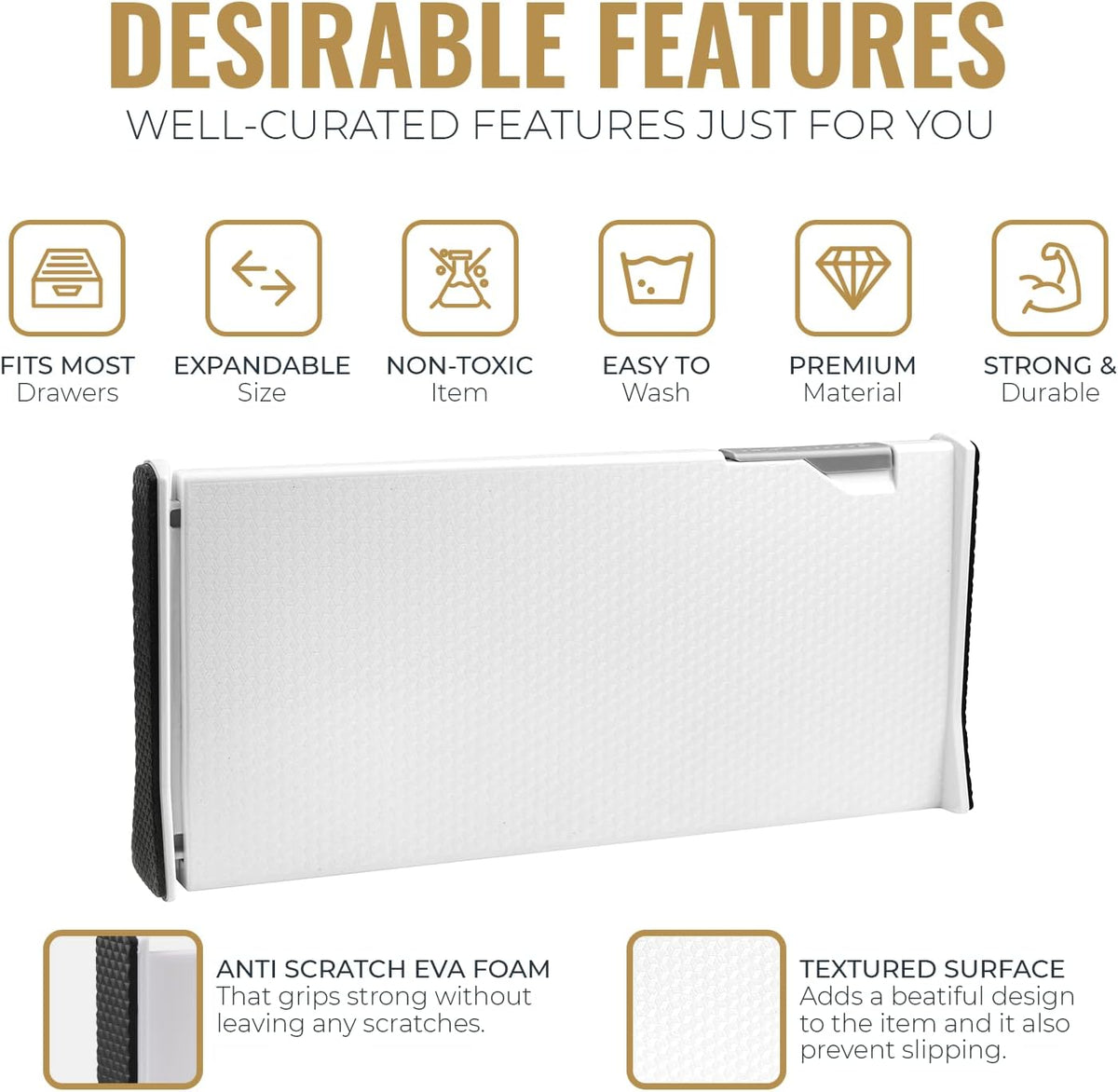 RAPTUROUS Adjustable Deep Drawer Divider – 6" Tall, Expandable 13-22", 4-Pack, Non-Slip Drawer Dividers for Clothes, Dresser, Kitchen & Office Organization (White)