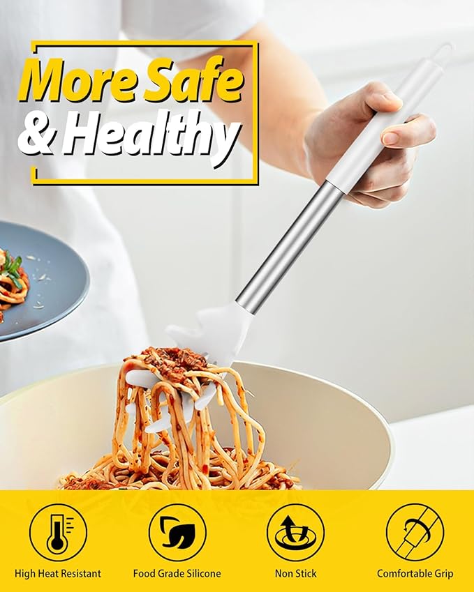 Silicone Pasta Fork and Ladle Spoon Set, Large Non Stick Kitchen Utensils for Cooking,Stirring,Serving Spaghetti, Soup, Sauce (WHITE)