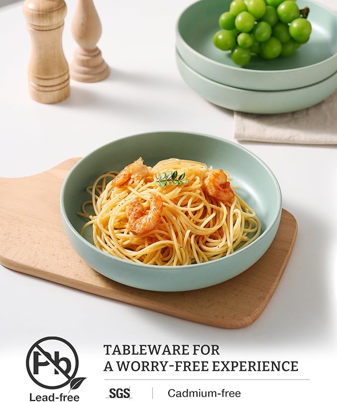 famiware Milkyway Pasta Bowls Set of 4, 8.5" Large Salad Bowls, Double Reactive Glaze, Sturdy & Stackable, Ideal for Housewarming, Festivals, Light Green