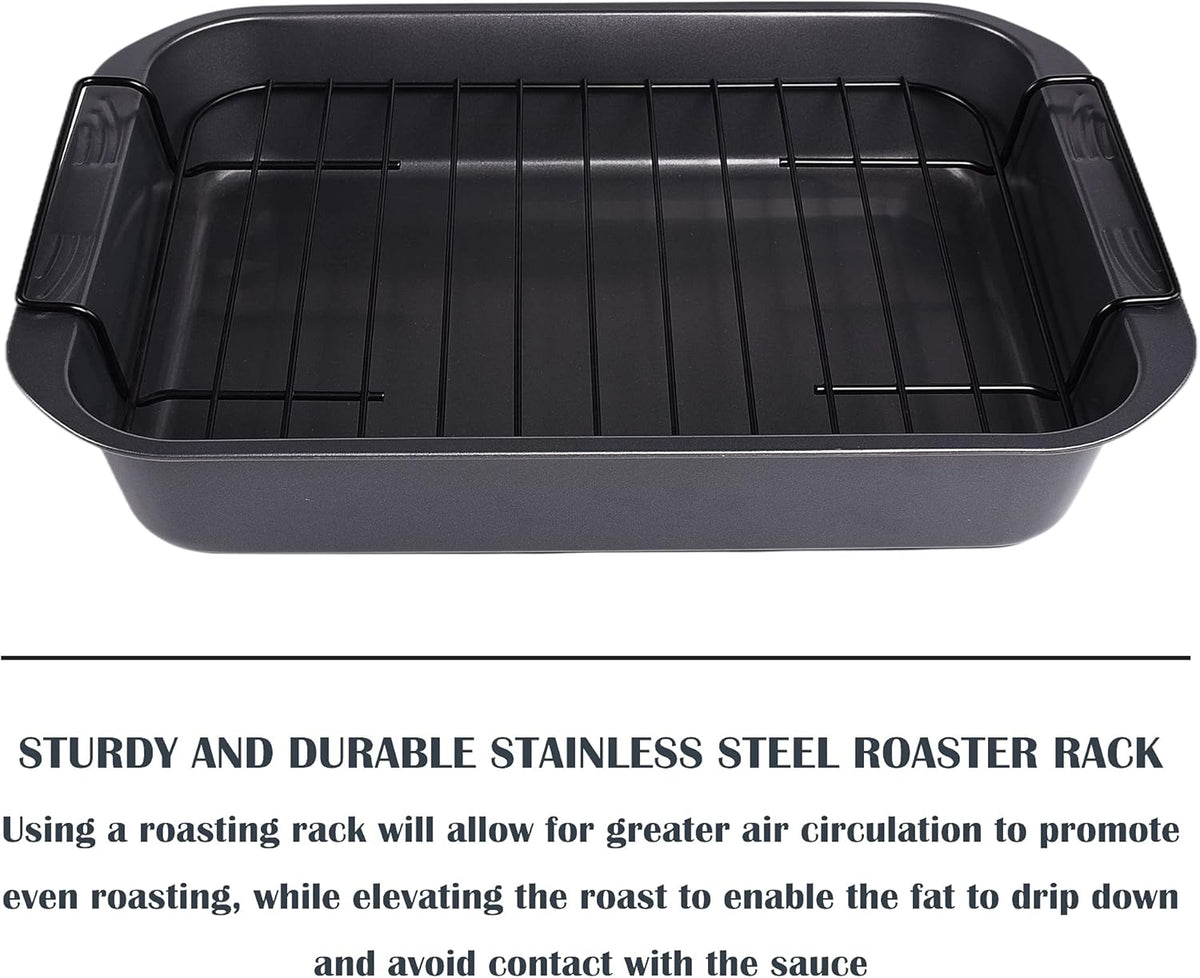 kitCom Bakeware Nonstick Roaster, Nonstick Roasting Pan with Rack, Great For Roast Chicken, Roasts And Turkeys - 15 Inch x 11 Inch (5.8 QT), Gray
