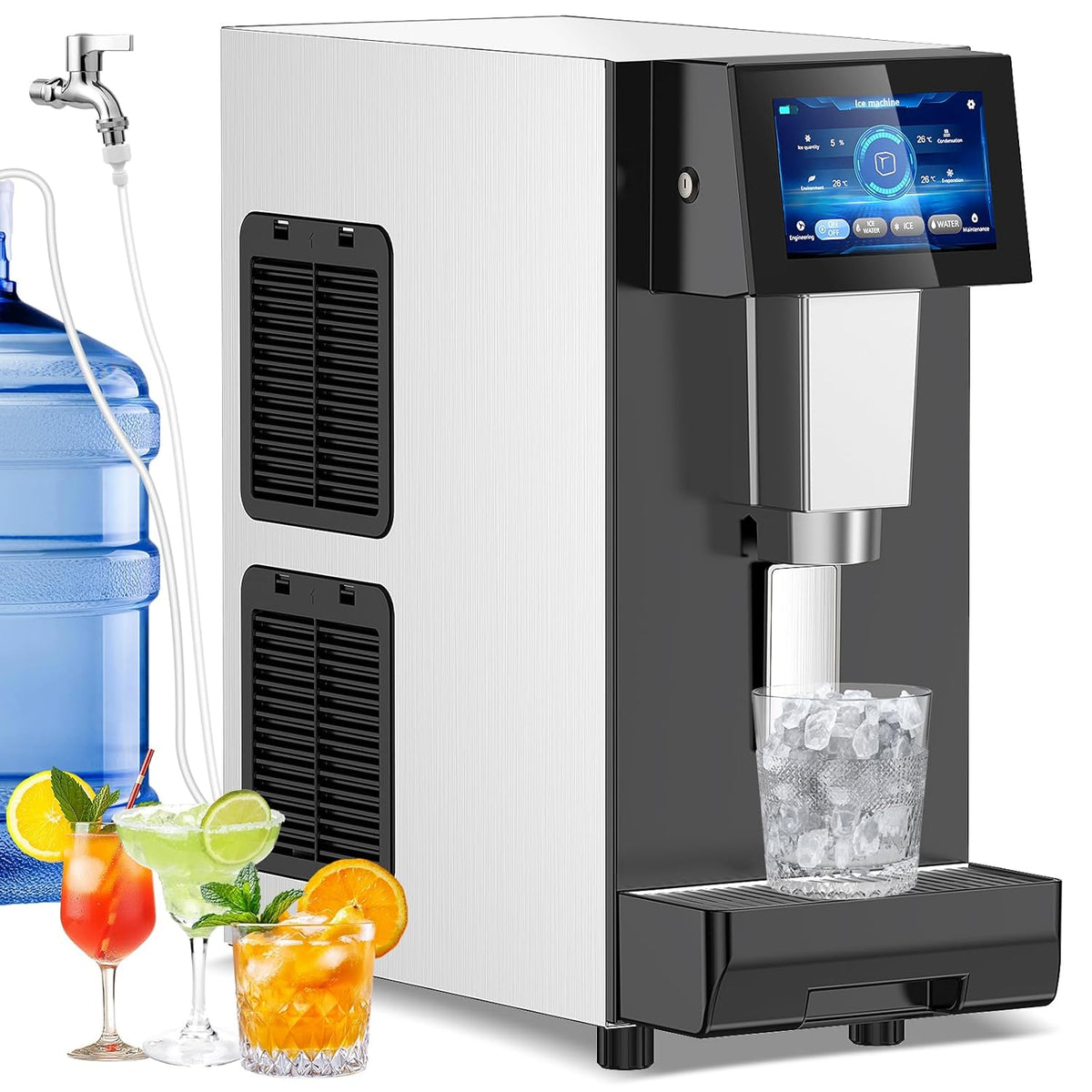 Nugget Ice Maker Countertop, 60 LBS/Day with 5LBS Storage Bin, Water Dispenser Countertop Ice Maker Machine Stainless Steel, Soft Chewable Pellet Ice Machine for Home Bar Kitchen Office, Self-Cleaning