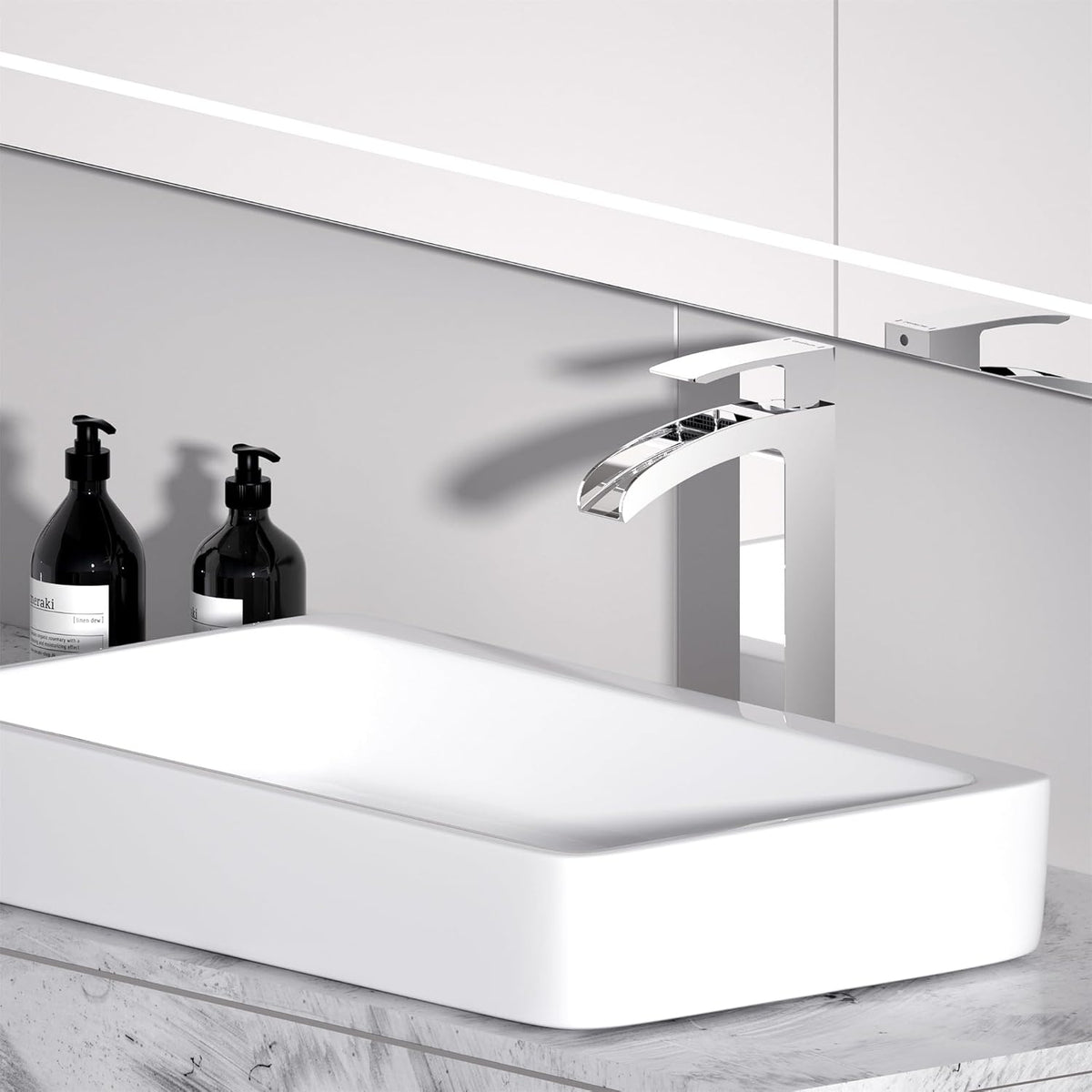 Bathroom Faucet Tall Vessel Sink Waterfall Faucet Deck Mount Single Handle Lavatory with Water Supply Line（Polished Chrome）