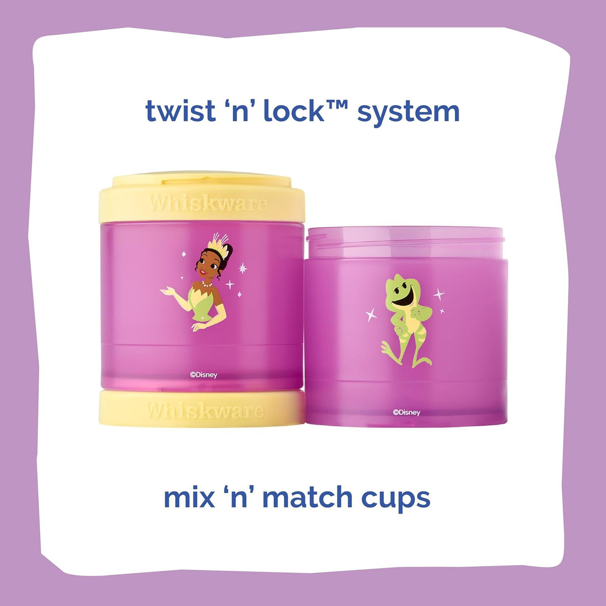 Whiskware Disney Princess and the Frog, Stackable Snack Containers for Kids, 3 Stackable Snack Cups for School or Travel, Formula and Cupholder Friendly, Tiana