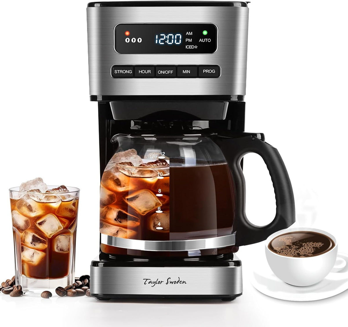 Taylor Swoden Programmable Coffee Makers 12 Cup, Hot and Iced Coffee Maker, 4 Brew Strength, LED Display, 24H Timer, Keep Warm&Auto Shutoff- Drip Coffee Machine for Home/Office, Black &Stainless Steel