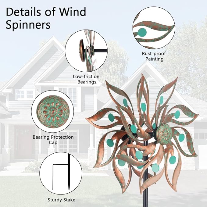 Viveta Metal Wind Spinners Outdoor,Vintage Kinetic Wind Spinner Garden Pinwheels with Metal Stake for Patio,Lawn,Garden,59 * 13.4 Inch