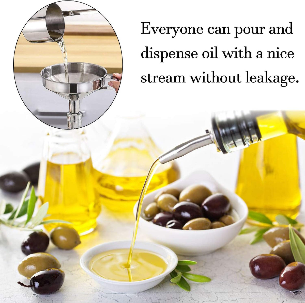LanMa Olive Oil Spouts for Bottles, Stainless Steel Bottle Spout for Pours Liquor Vinegar Syrup or Oils with Stainless Steel Funnels (6 Pcs)