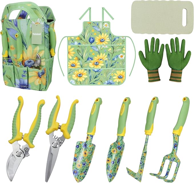 10-Piece Garden Tool Set – Green Floral Gardening Hand Tools with Non-Slip Handles, Heavy Duty Rust-Proof Aluminum Tools, Organizer Tote Bag, Ideal Gardening Gifts for Women & Grandma