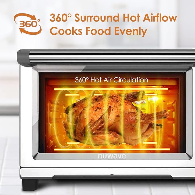 NUWAVE Bravo XL Air Fryer Convection Toaster Oven Countertop, 112-in-1 Smart Grill Combo with Original Flavors & Marks, Adjustable Heating Zones for Pizza, Roast, Bake, 50-500°F, Stainless Steel, 30QT