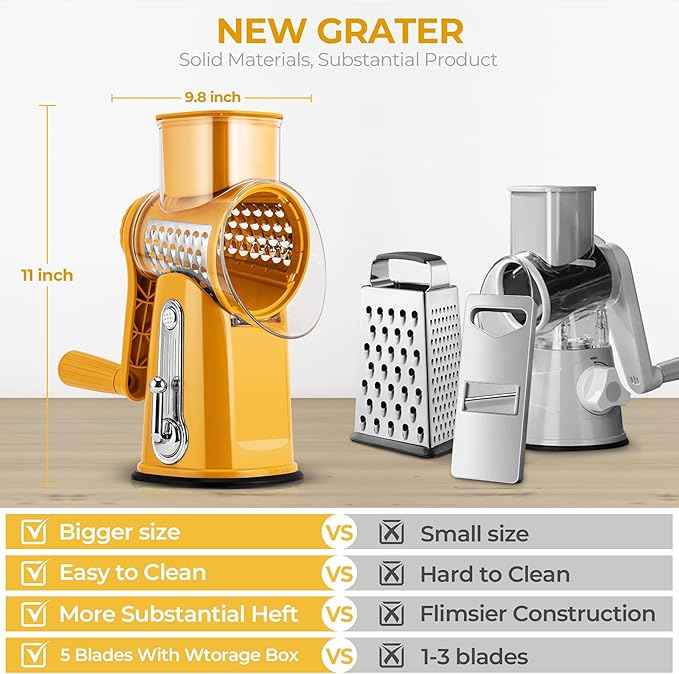 SUSTEAS Rotary Cheese Grater with Handle - Vegetable Shredder with 5 Well-designed Blades & Strong Suction Base,Round Mandoline Slicer & Food Chopper for Kitchen,with Blade Storage Box(Yellow)