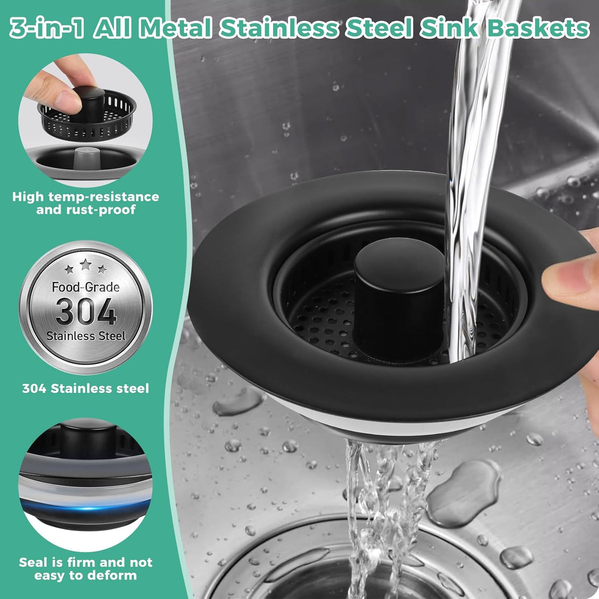 Kitchen Sink Drain Strainer/Strainer Basket, Upgraded 3 in 1 Stainless Steel Pop-up with Anti-Clogging Basket Sink Stopper, Suitable for US Standard 3-1/2" Sink Drain Hole (Matte Black)