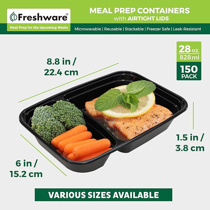 Freshware Meal Prep Containers [150 Pack] 2 Compartment with Lids, Food Storage Containers, Bento Box, BPA Free, Stackable, Microwave/Dishwasher/Freezer Safe (28 oz)
