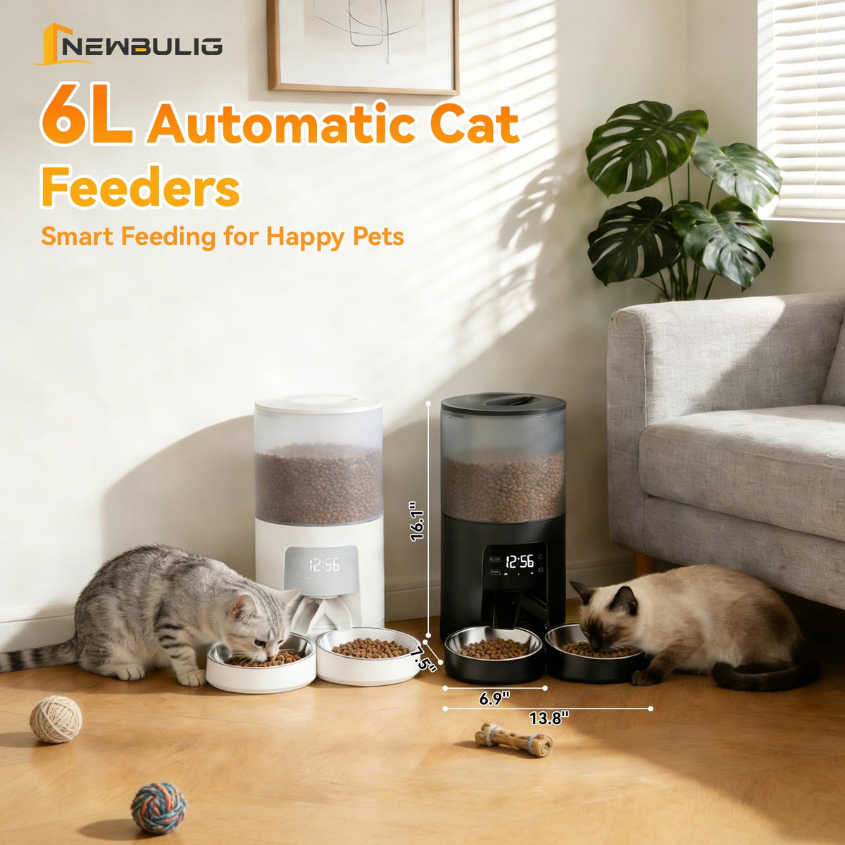 NEWBULIG Automatic Cat Feeder for 2 Pets 6L Dog Food Dispenser, White
