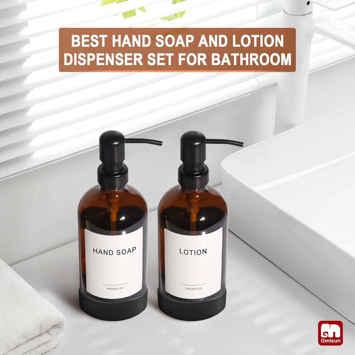 GMISUN Amber Glass Soap Dispenser with Silicone Sleeve Boot, 2 Pack Bathroom Hand Soap Dispensers with Pump, 17 Fl Oz Kitchen Hand and Dish Soap Dispenser Set, Liquid Soap Dispensers Bottle