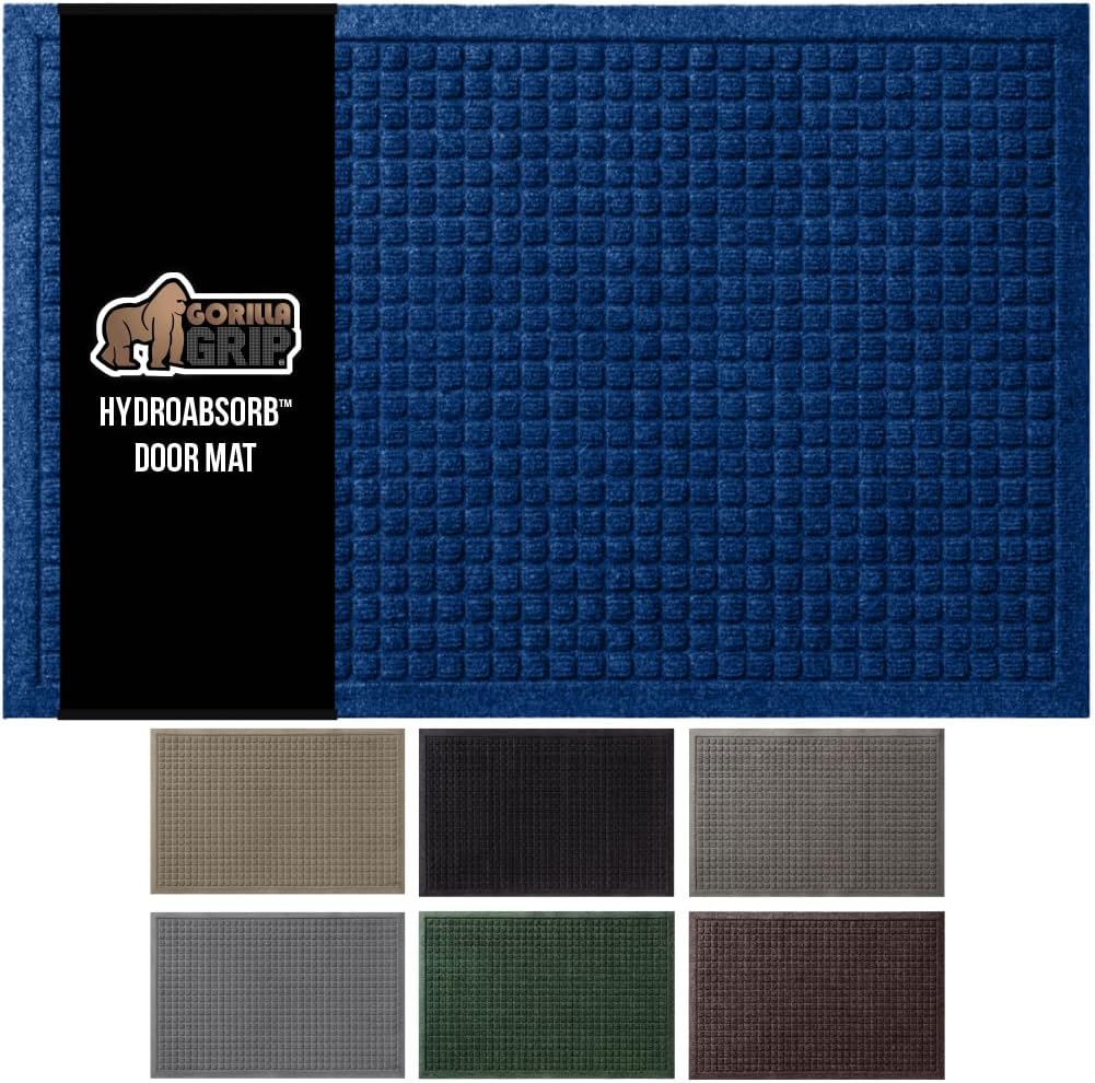 GORILLA GRIP Front Door Mat, 47x35, Indoor Outdoor Ultra Absorbent HydroAbsorb Doormat, Absorbs Up to 6 Cups of Water, Stain and Fade Resistant, Rubber Backing Doormats, Captures Dirt, Blue
