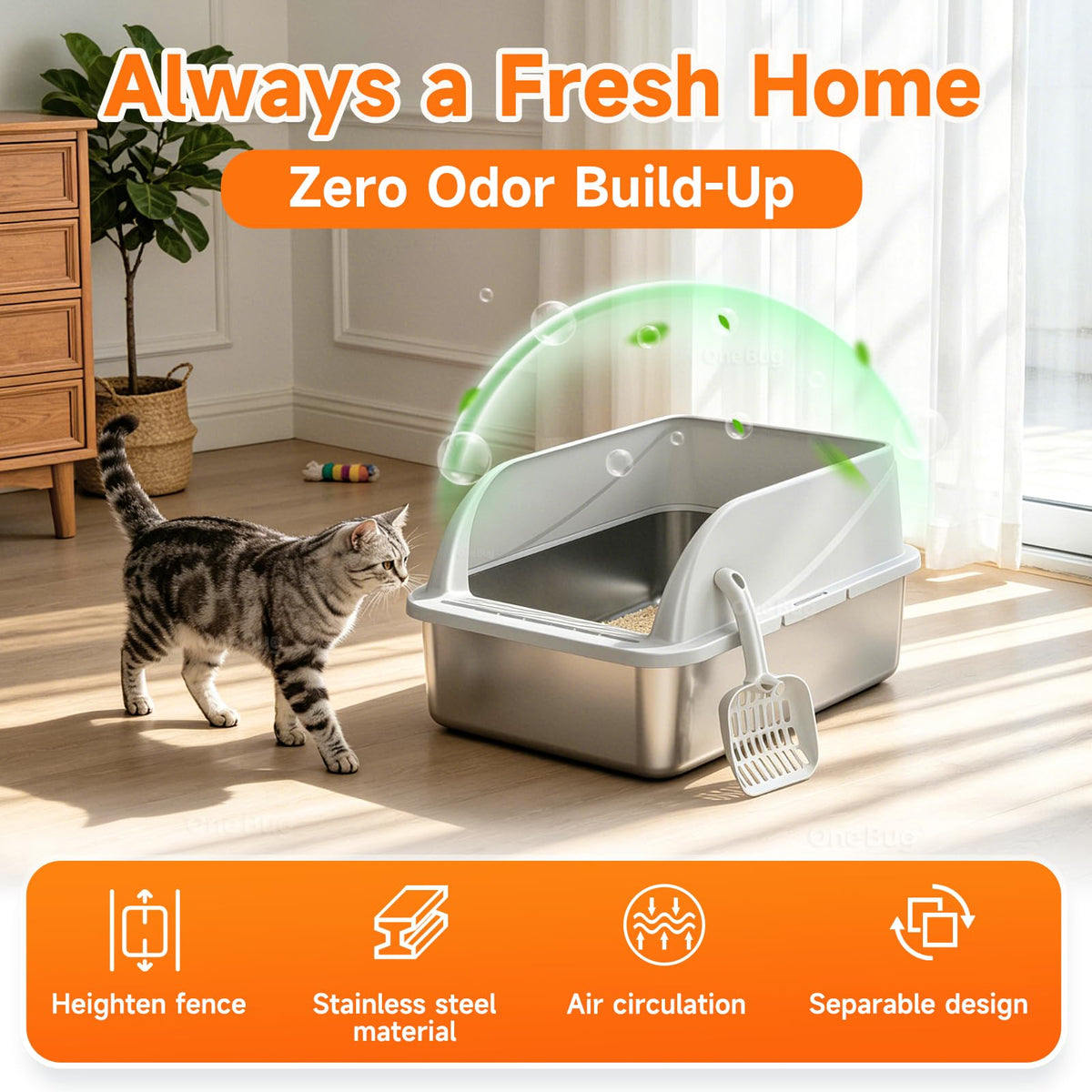 Stainless Steel High-Sided Cat Litter Box with Scoop - Medium,Gray
