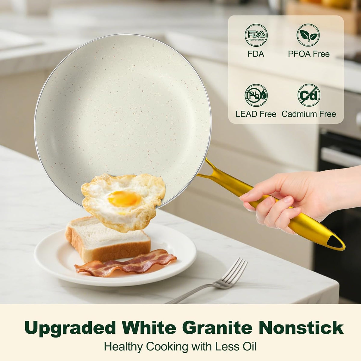 Pots and Pans Set Non Stick, 7 Piece White Granite Induction Cookware Set, Nonstick Kitchen Cooking Set with Gold Handle and Utensil, Oven Safe (PFOS, PFOA Free)