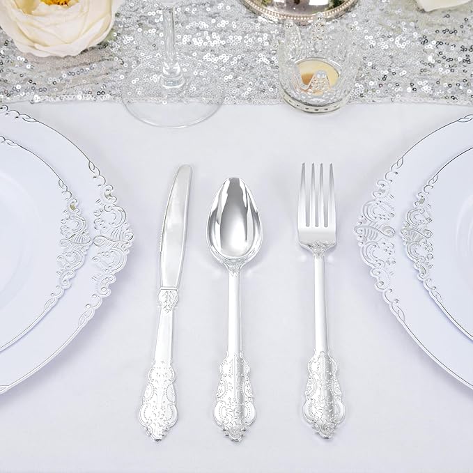 300Pieces Silver Plastic Silverware - Heavy Duty Silver Disposable Utensils - Fancy Plastic Cutlery Set Includes 100 Forks, 100 Spoons, 100 Knives for Dinner Parties Weddings