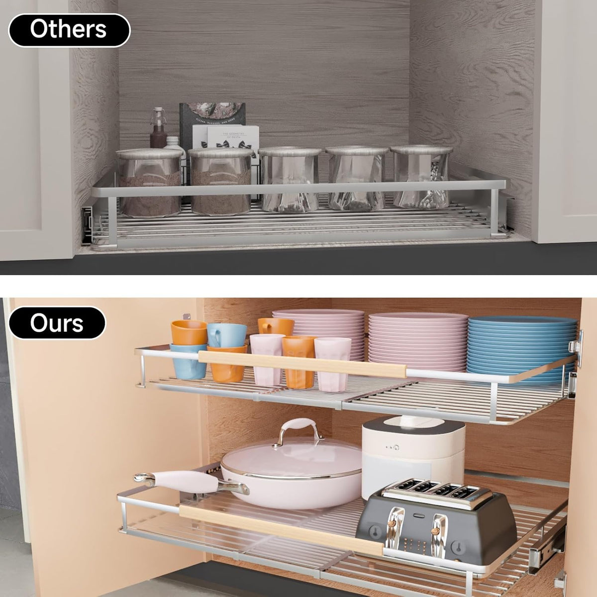 1Pack Expandable Pull Out Cabinet Organizer, Slide Out Drawers for Kitchen Cabinets, Heavy Duty Drawer Slides for Home Kitchen Pantry Cupboard Pots Pans, Adjustable Width 16.2"~26.2" W x 17.3''D