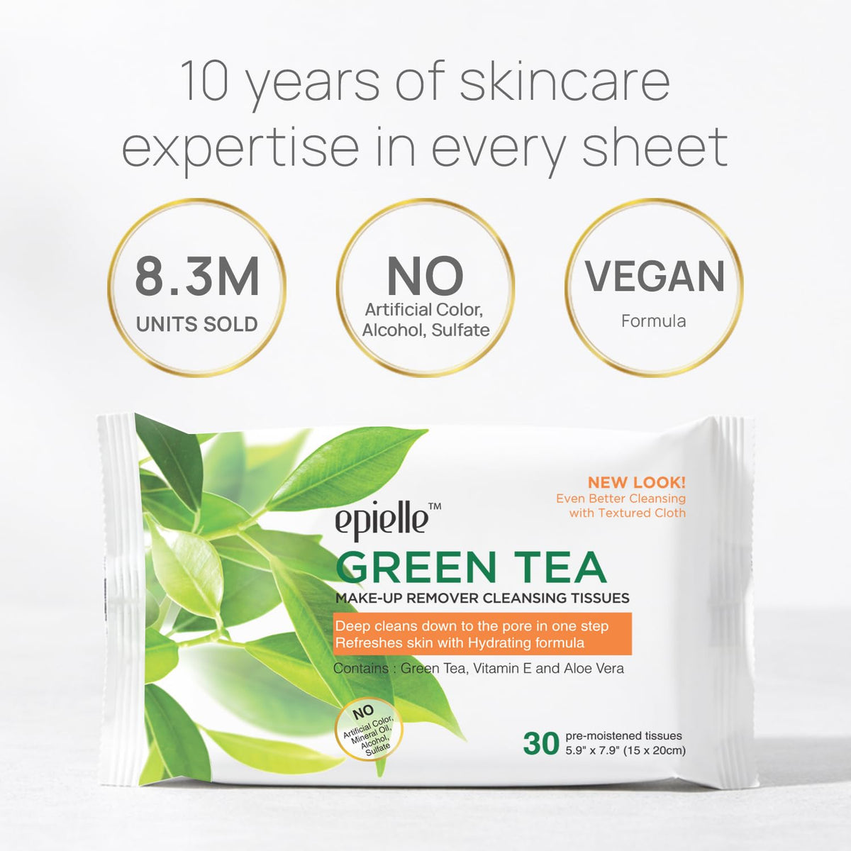 Epielle Green Tea Makeup Remover Wipes, Gentle Daily Facial Cleanser Towelettes, Remove Dirt, Oil & Waterproof Mascara, Stocking Stuffers, 30 Count (Pack of 6)