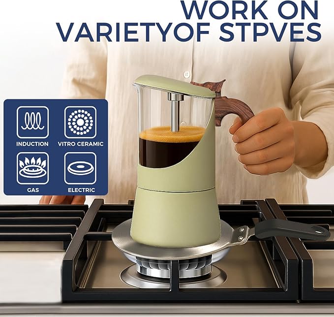 Glass Moka Pot for Stovetop & Induction - Italian Espresso Maker with Wood Handle & Leak-Proof Design - Comes with Induction Heat Diffuser Plate (9 Cup,360ml)