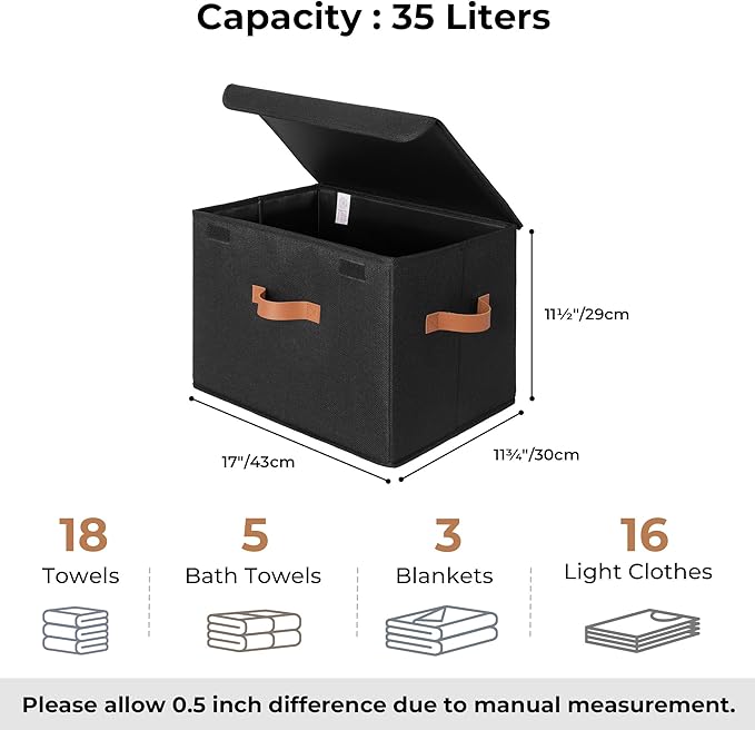 GRANNY SAYS Black Storage Bins with Lids, Decorative Storage Boxes with PU Handles, Linen Closet Organizer, Storage Baskets for Shelves, Fabric Storage Bins for Clothes, Extra Large