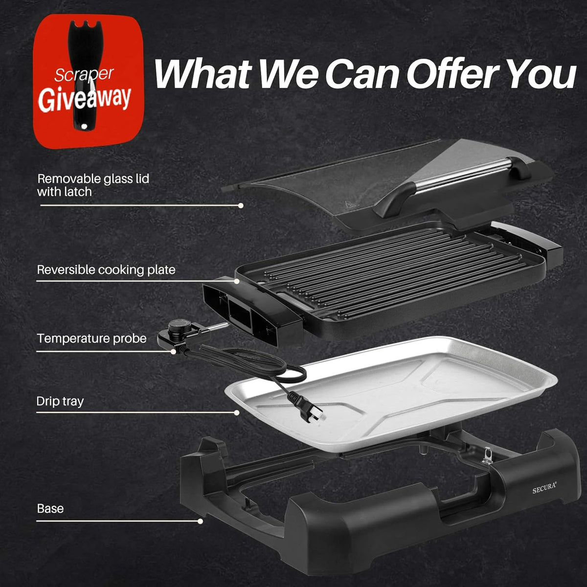 Secura Smokeless Indoor Grill 1800-Watt Electric Griddle with Reversible 2 in 1 Grill and Griddle Plates Plate, Glass Lid, Extra Large Drip Tray (Dishwasher Safe)