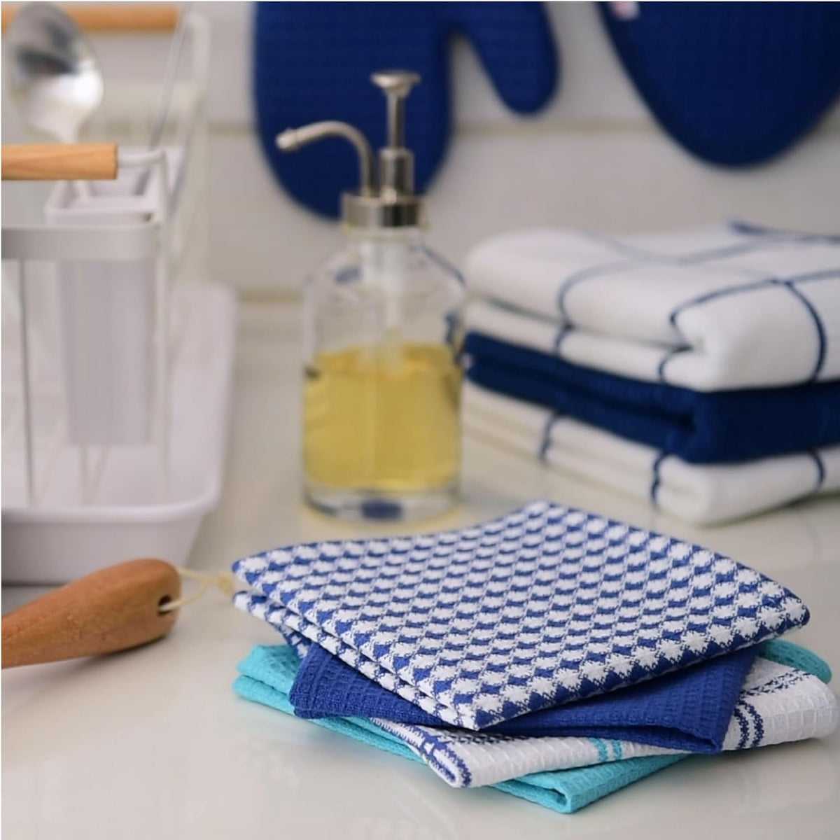 T-FAL Premium Waffle Dish Cloths: Highly Absorbent, Super Soft Long Lasting - 100% Cotton, 12"x13" Flat Waffle Dish Towel for Cleaning & Drying Dishes, (4-Pack), Cool