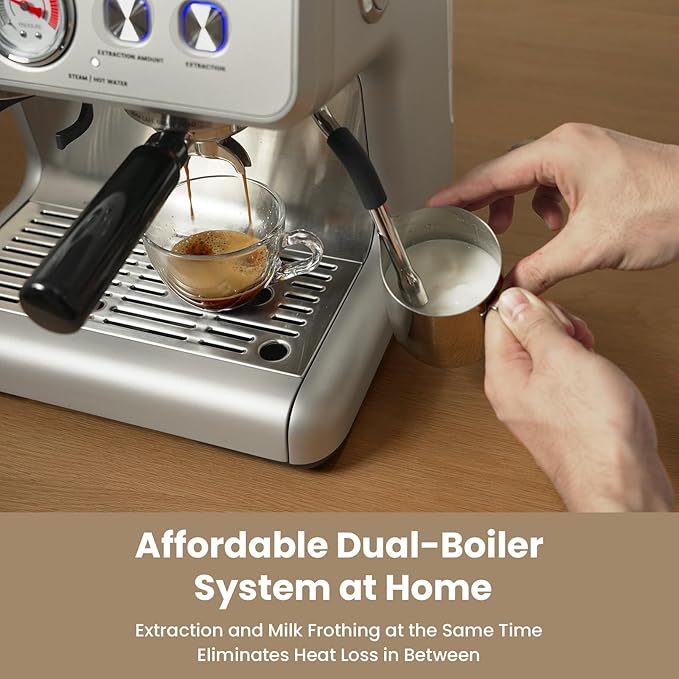 Gevi Dual Boiler Espresso Machine with Built-in Grinder, 58mm Commercial Portafilter, Barista Steam Wand, 31 Grind Settings, Stainless Steel, for Home Barista Use, Sterling Silver