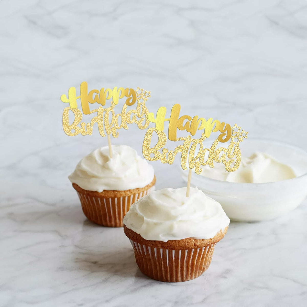 Ephlyn 24Pcs Gold Metallic Happy Birthday Cupcake Toppers for Birthday, Baby Shower & Anniversary Parties