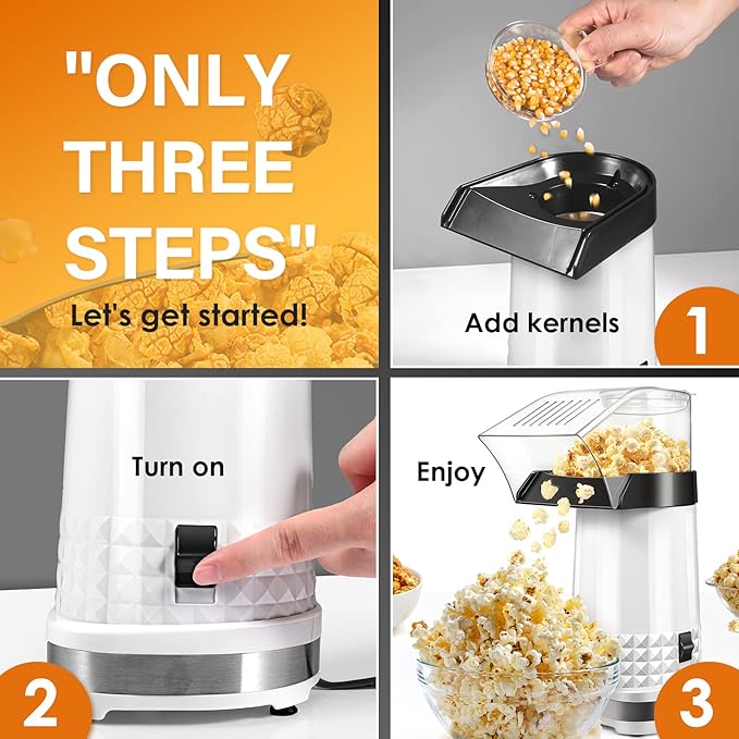 Popcorn Maker Machine 1200W, 4.5-Quart Air Popper Popcorn Maker, 2-Minute Oil-Free Hot Air Popcorn Popper, Easy Clean, No Unpopped Kernels, Healthy Family Snack