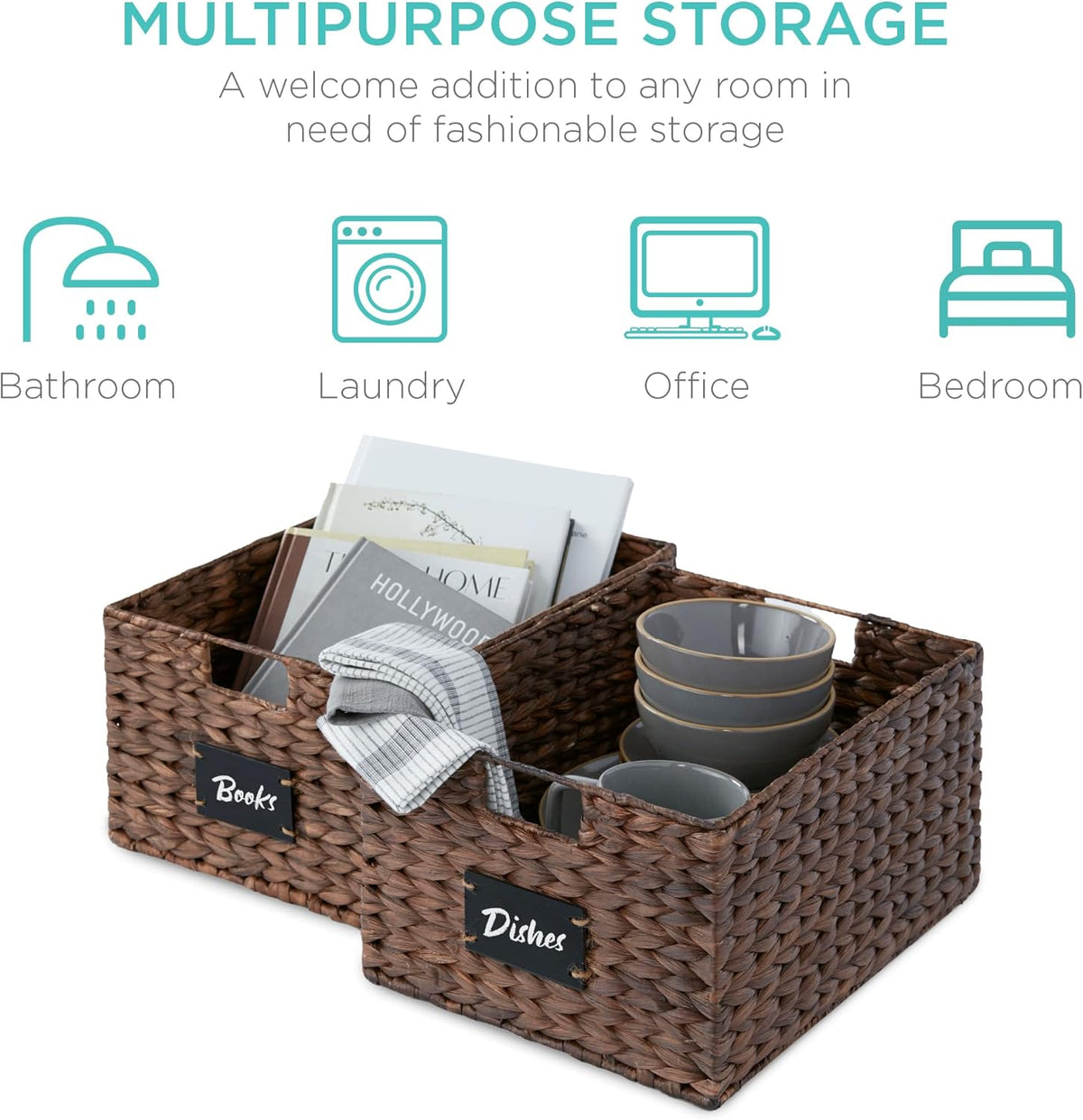 Best Choice Products Pantry Baskets Set of 2 16x12in Water Hyacinth Storage Baskets, Woven Wicker Organizers with handles w/Chalkboard Label Chalk Marker - Brown