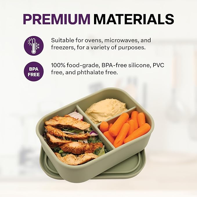 Silicone Bento Box, 3 Compartments, BPA-Free, Leak-Resistant, Dishwasher and Microwave Safe, Perfect for Work, Travel & Meal Prep, (Green)