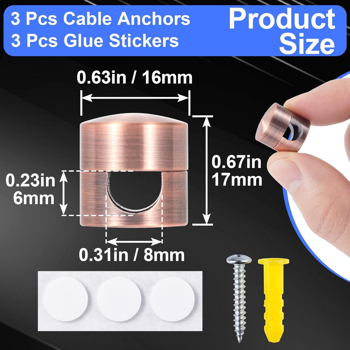 3 Sets Charger Holders for Cords, Red Bronze Color Adjustable Cable Anchor Holders, Adhesive Metal Cord Clips, Cable Management Wire Organizers for Desk, Office, Nightstand