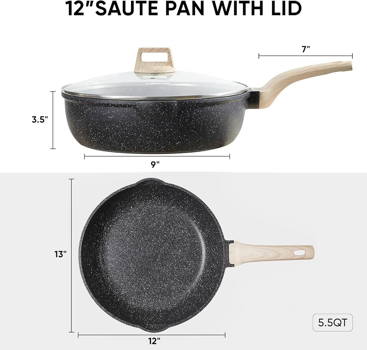 CAROTE 12Inch Nonstick Deep Frying Pan with Lid, 5.5 Qt Jumbo Cooker Saute Pan with Pour Spout, Skillet Induction Cookware, Non Stick Cooking Pan PFOA Free, Classic Granite