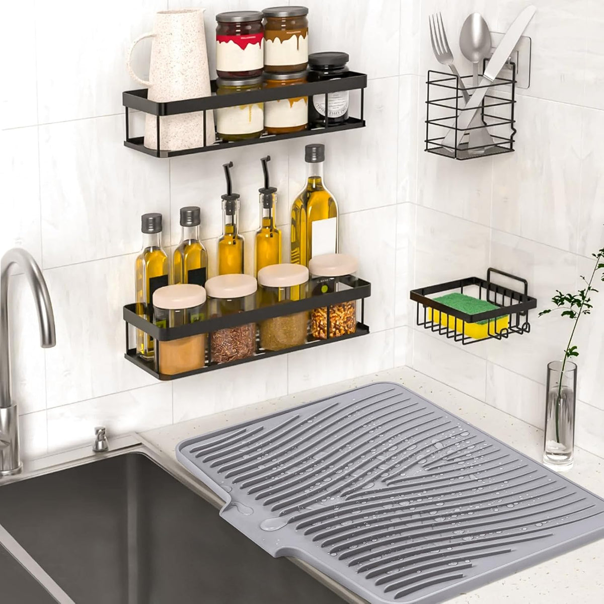 Silicone Dish Drying Mat, Stone Drying Mat for Kitchen Counter with Built-In Drain, Non-Slip Drain Pad with Built-in Drain, Heat Resistant Stone Drying Mat, 1Pcs 19.7" x 17", Grey