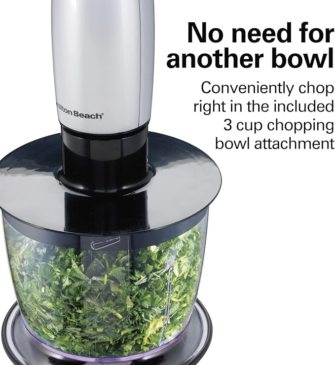 Hamilton Beach 4-in-1 Electric Immersion Hand Blender with Handheld Blending Stick, Whisk + 3-Cup Food & Vegetable Chopper Bowl, 2-Speeds, 225 Watts, Silver and Stainless Steel (59765)