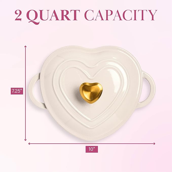 Paris Hilton Enameled Cast Iron Dutch Oven Heart-Shaped Pot with Lid, Dual Handles, Works on All Stovetops, Oven Safe to 500°F, 2-Quart, Cream