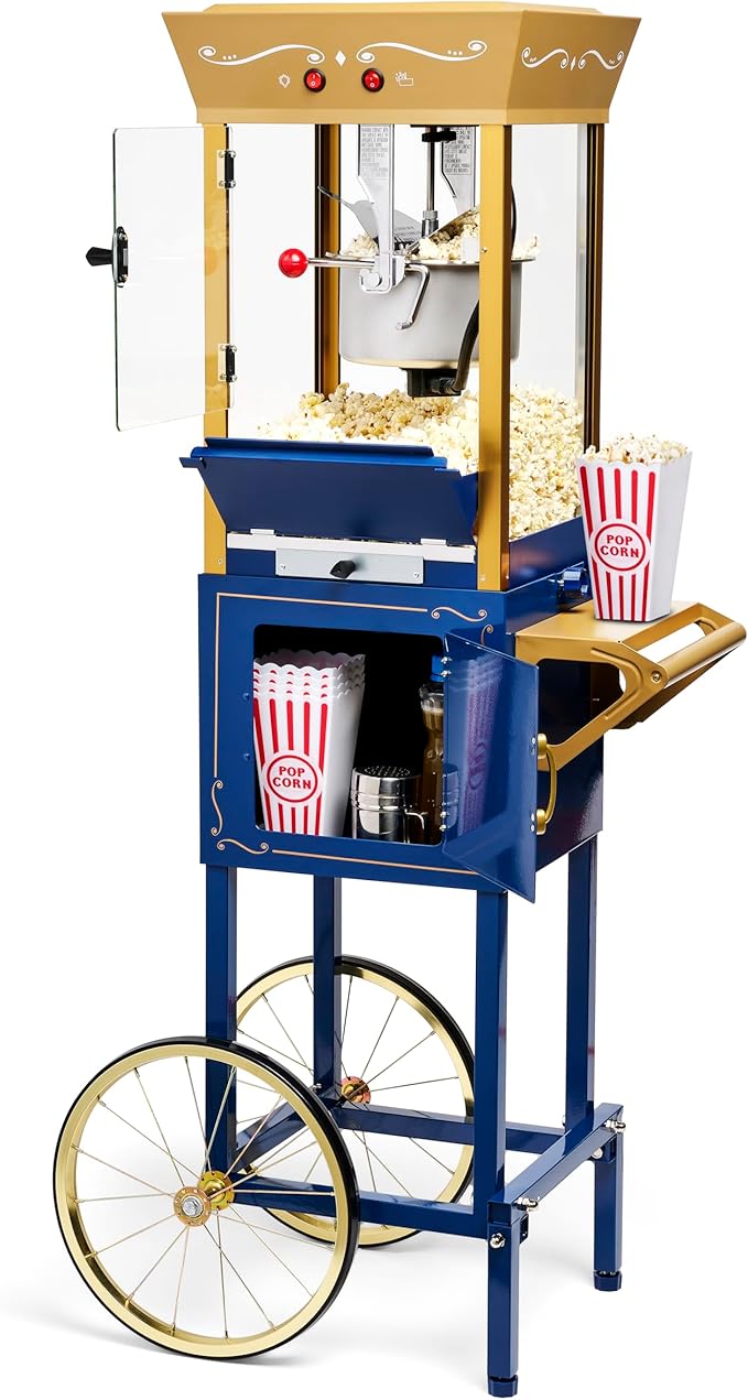 Nostalgia Popcorn Maker Machine - Professional Cart With 8 Oz Kettle Makes Up to 32 Cups - Vintage Popcorn Machine Movie Theater Style - Navy & Gold
